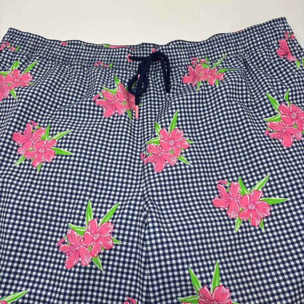 Vineyard Vines Mens XL Blue White Check Floral Pattern Drawstring Swim Trunks